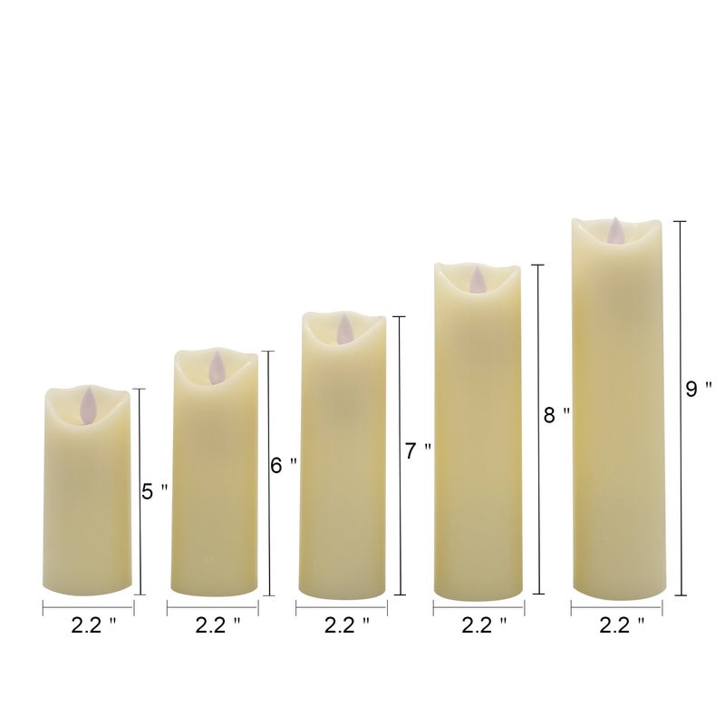 Eldnacele LED Flameless Flickering Candles with Remote Timer Warm White Battery Operated Wax LED Pillar Candles Set of 5 Realistic Flame for Decoration (2.2" X 5"6" 7" 8" 9") - Image 2